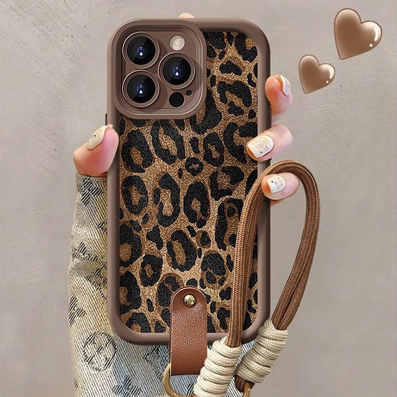Husă cu imprimeu leopard pentru iPhone cu șnur