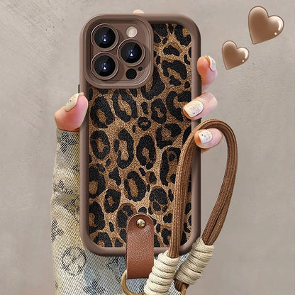 Husă cu imprimeu leopard pentru iPhone cu șnur