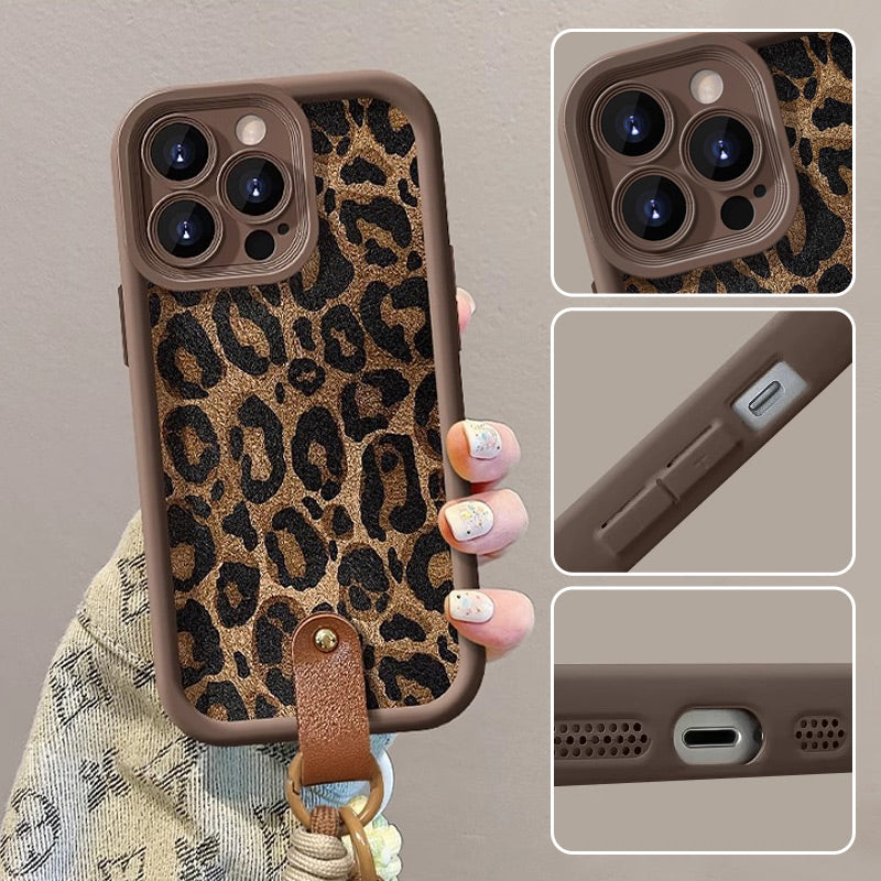 Husă cu imprimeu leopard pentru iPhone cu șnur
