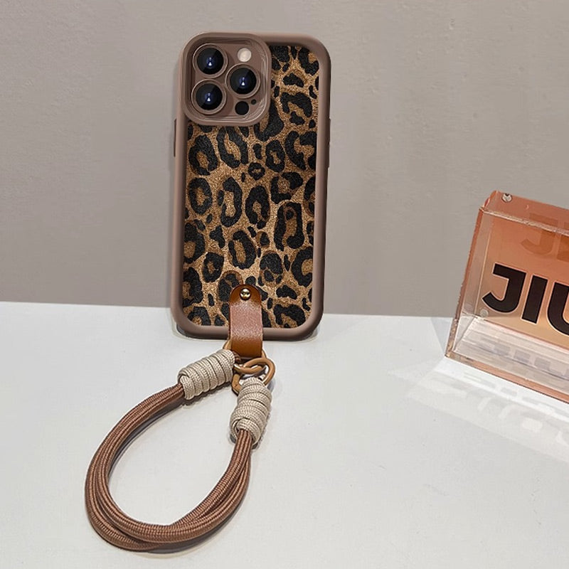 Husă cu imprimeu leopard pentru iPhone cu șnur