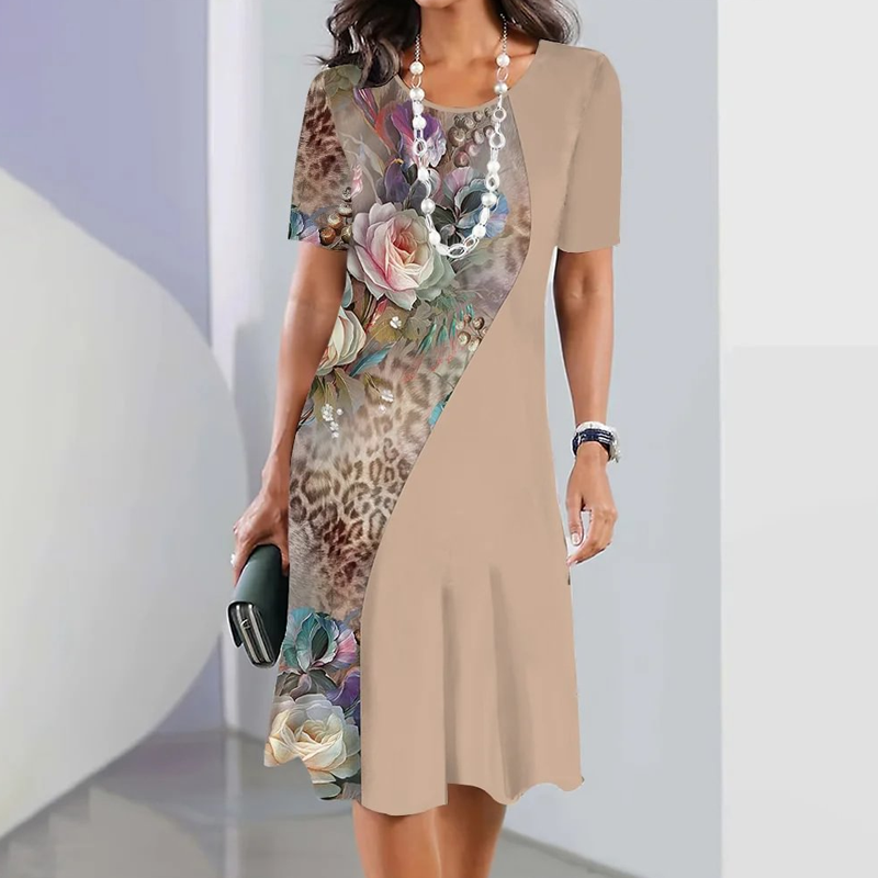 Femei elegant florale imprimare rotund gât rochie