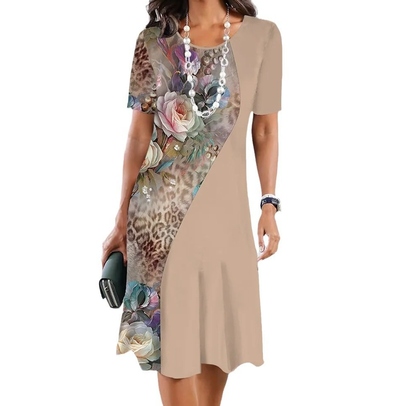 Femei elegant florale imprimare rotund gât rochie