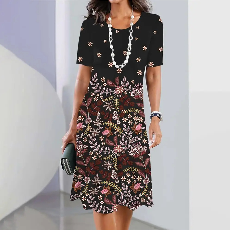 Femei elegant florale imprimare rotund gât rochie