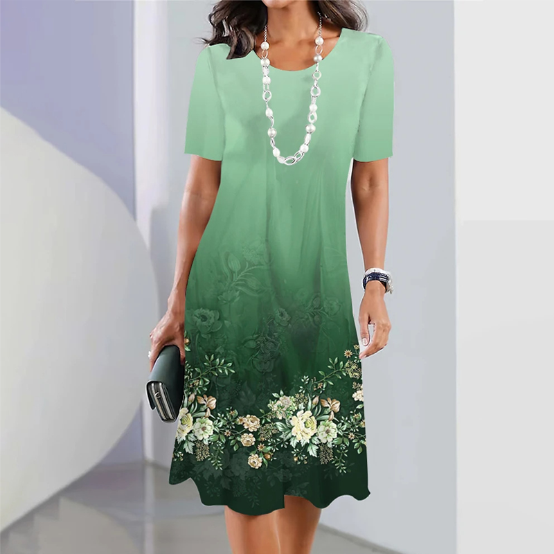 Femei elegant florale imprimare rotund gât rochie