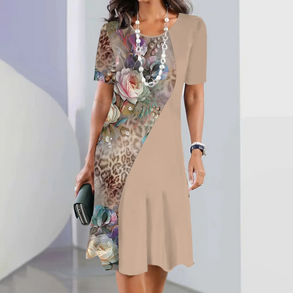 Femei elegant florale imprimare rotund gât rochie