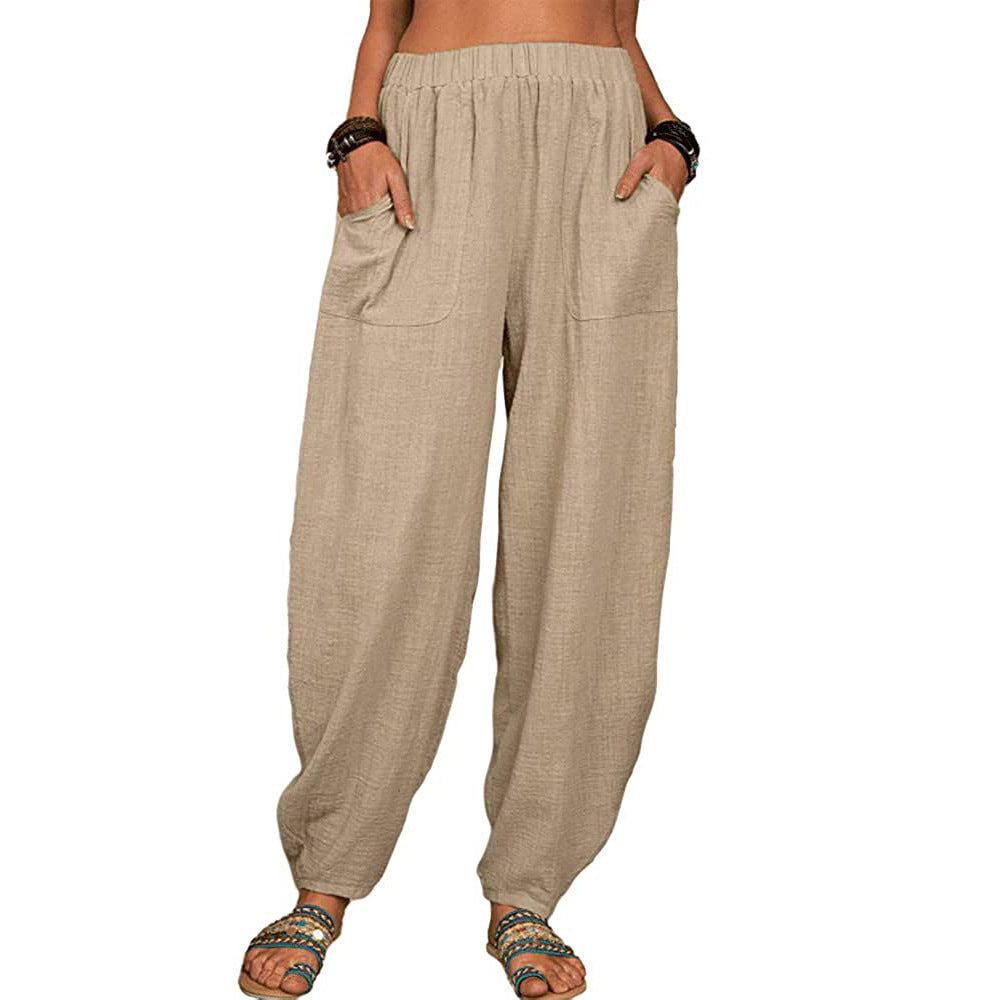 Pantaloni cu picior lat din in și bumbac pentru femei