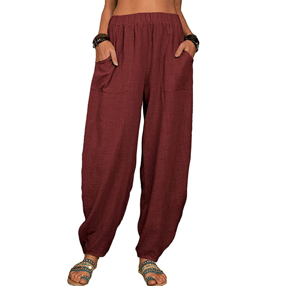 Pantaloni cu picior lat din in și bumbac pentru femei