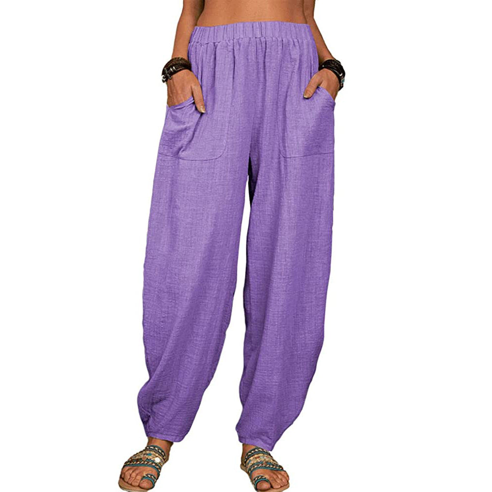 Pantaloni cu picior lat din in și bumbac pentru femei