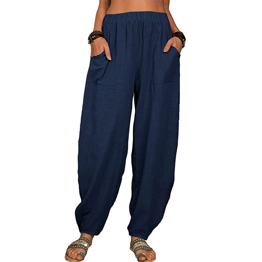Pantaloni cu picior lat din in și bumbac pentru femei