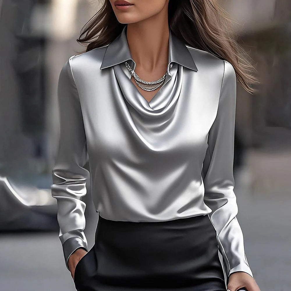 🔥 Cămașa cu guler drapat care îți dă stil imediat! ✨ Culoare solidă – perfectă pentru birou sau ieșiri
