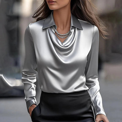 🔥 Cămașa cu guler drapat care îți dă stil imediat! ✨ Culoare solidă – perfectă pentru birou sau ieșiri