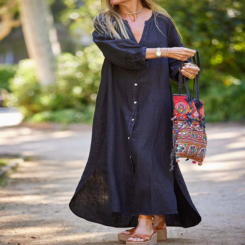Femei Minimalist bumbac lenjerie V-neck rochie lungă