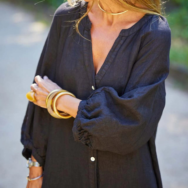 Femei Minimalist bumbac lenjerie V-neck rochie lungă