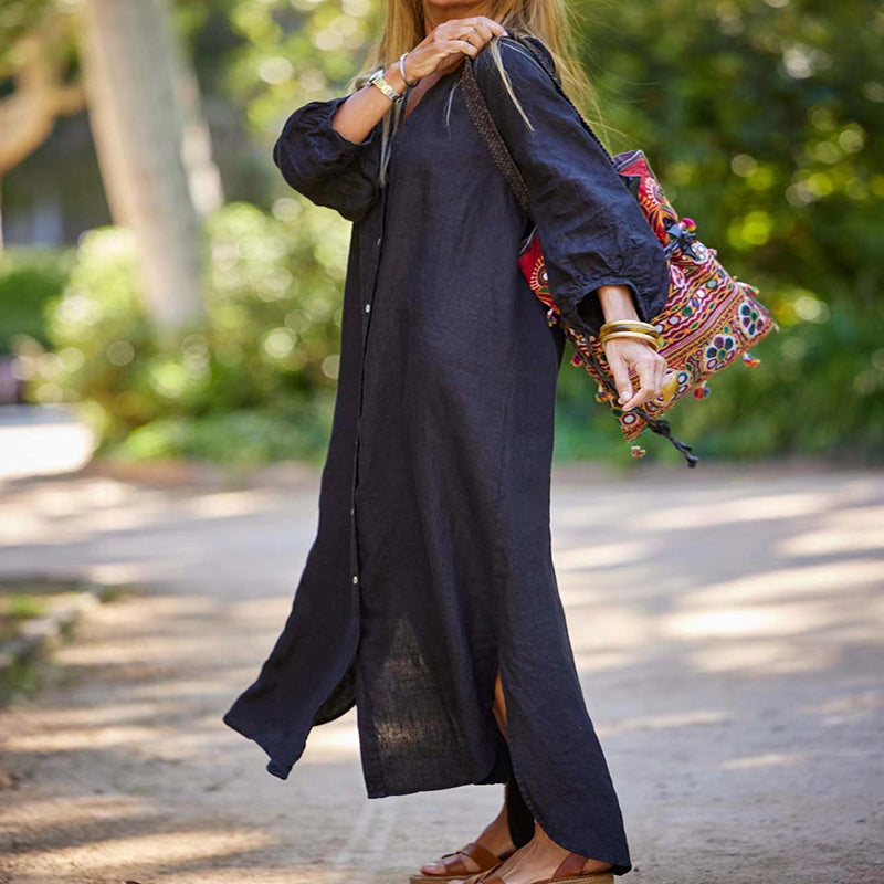 Femei Minimalist bumbac lenjerie V-neck rochie lungă