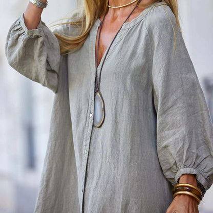 Femei Minimalist bumbac lenjerie V-neck rochie lungă