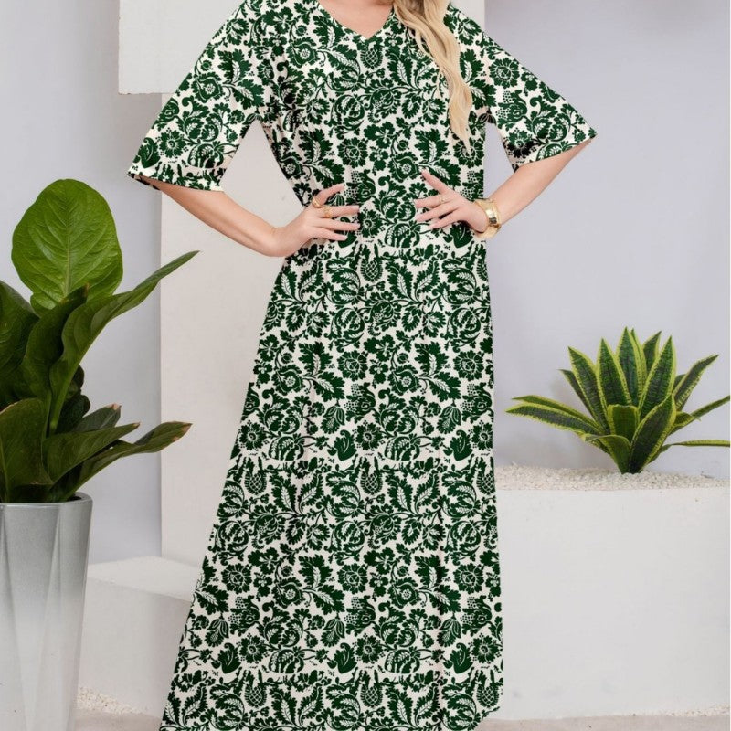 Elegant retro verde model floral V-Neck Midi rochie maneca