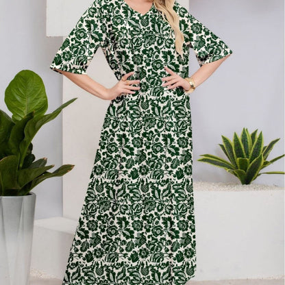 Elegant retro verde model floral V-Neck Midi rochie maneca