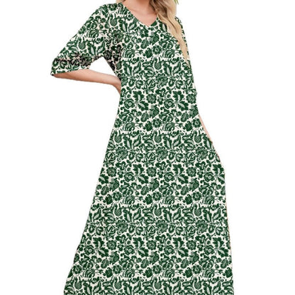 Elegant retro verde model floral V-Neck Midi rochie maneca