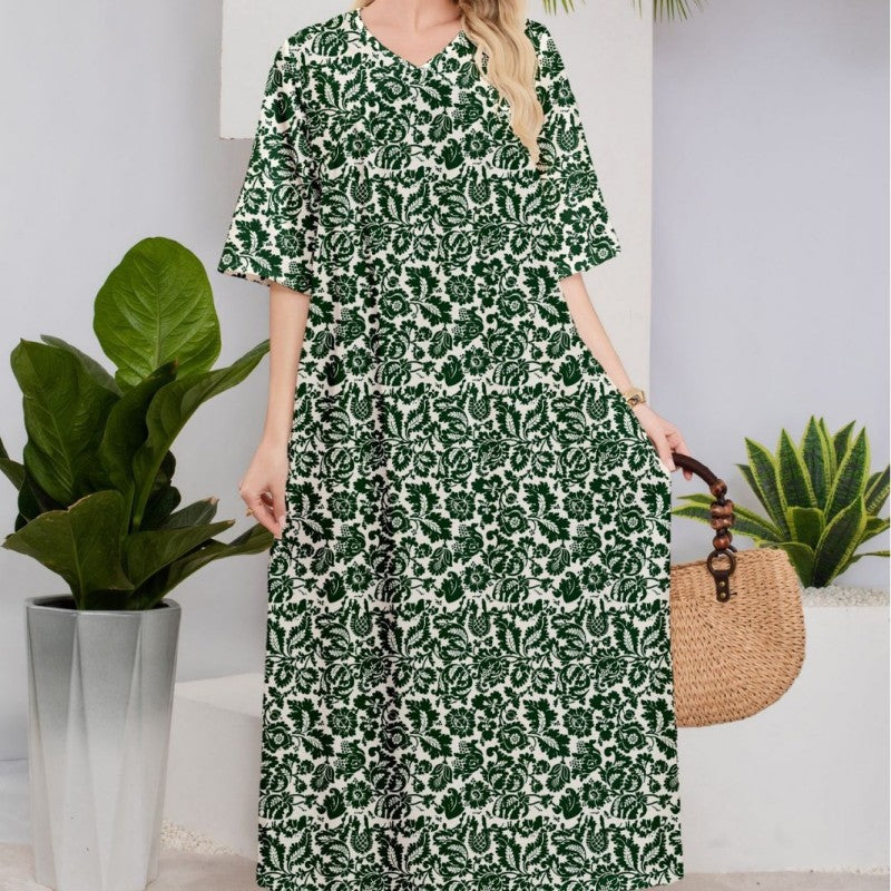 Elegant retro verde model floral V-Neck Midi rochie maneca