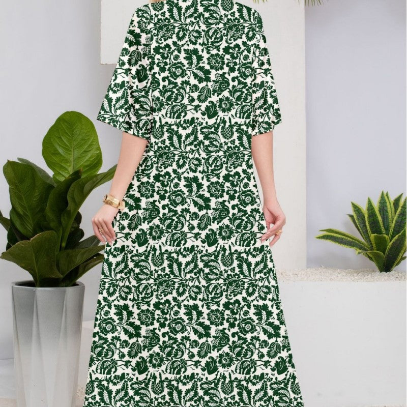 Elegant retro verde model floral V-Neck Midi rochie maneca