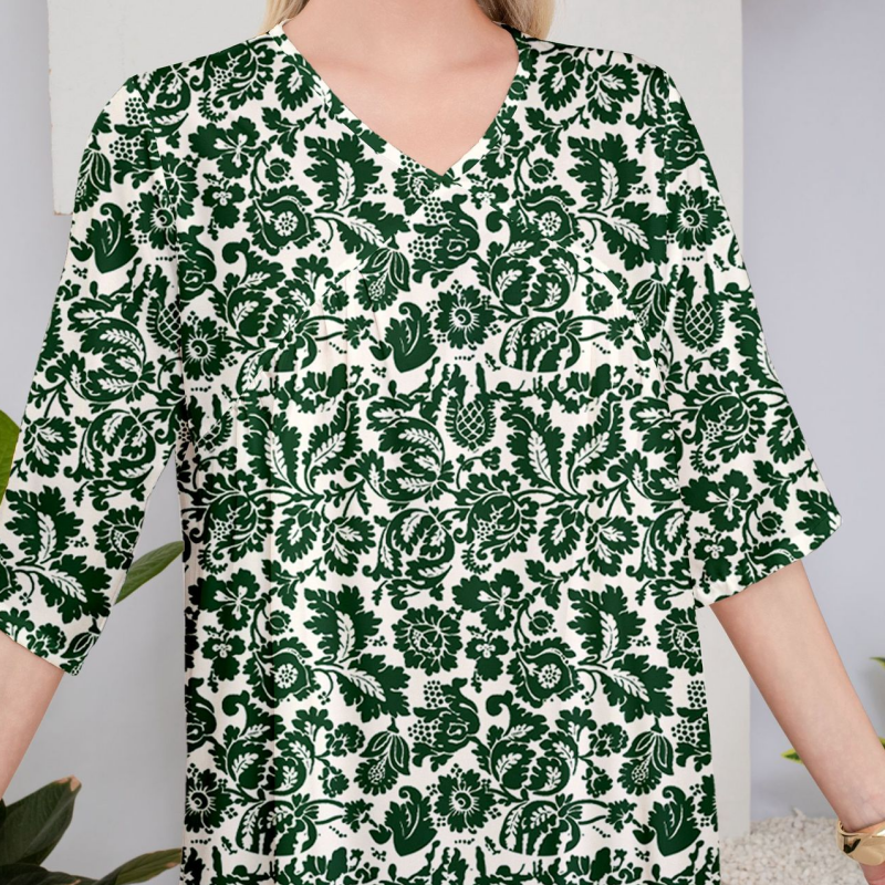 Elegant retro verde model floral V-Neck Midi rochie maneca