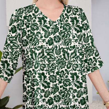Elegant retro verde model floral V-Neck Midi rochie maneca
