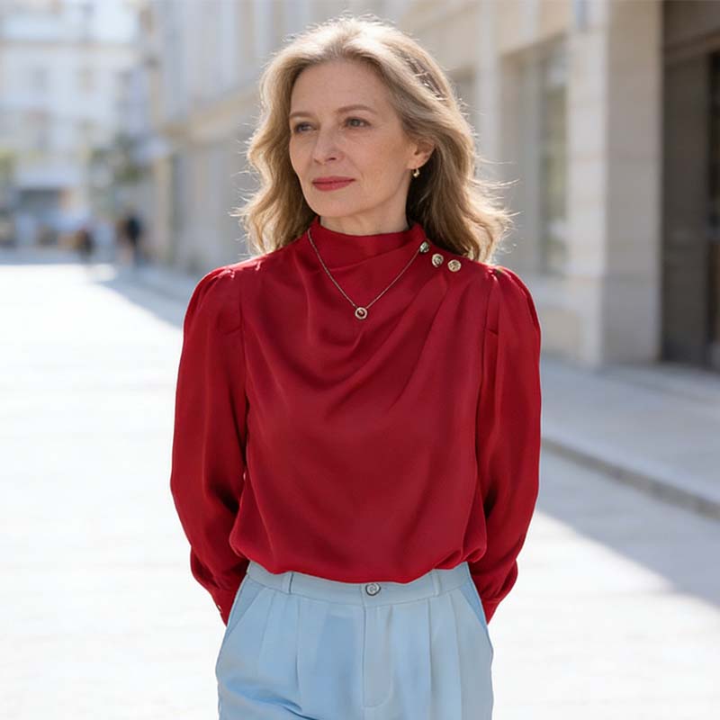 Bluză elegantă cu guler drapat, asemănătoare satinului