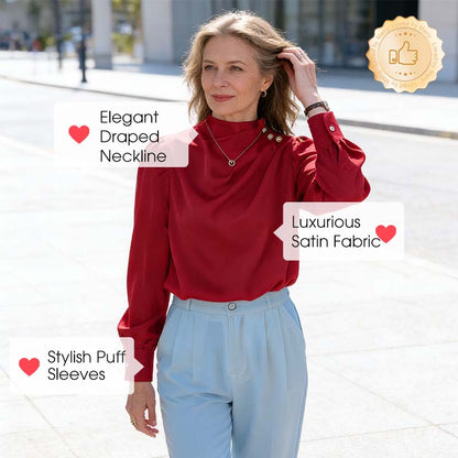 Bluză elegantă cu guler drapat, asemănătoare satinului