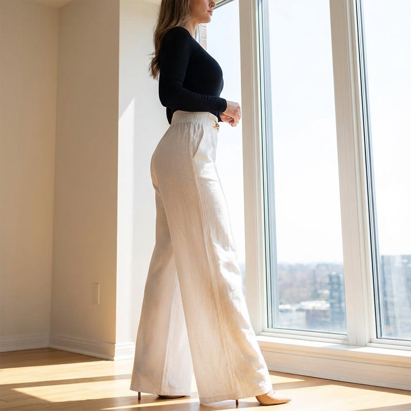 Pantaloni cu talie înaltă și picior larg pentru femei, cu accent pe centură