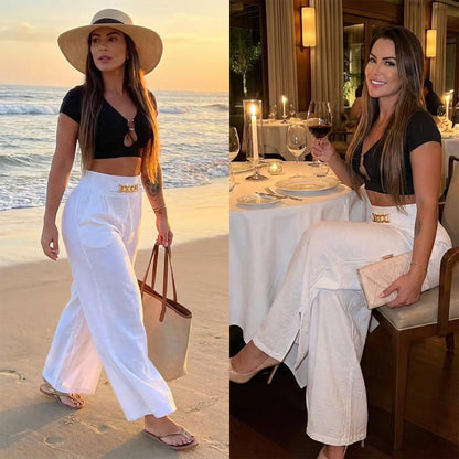 Pantaloni cu talie înaltă și picior larg pentru femei, cu accent pe centură