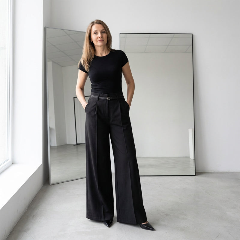 Damen Marlenehose mit hohem Bund, weitem Bein und Gürtel