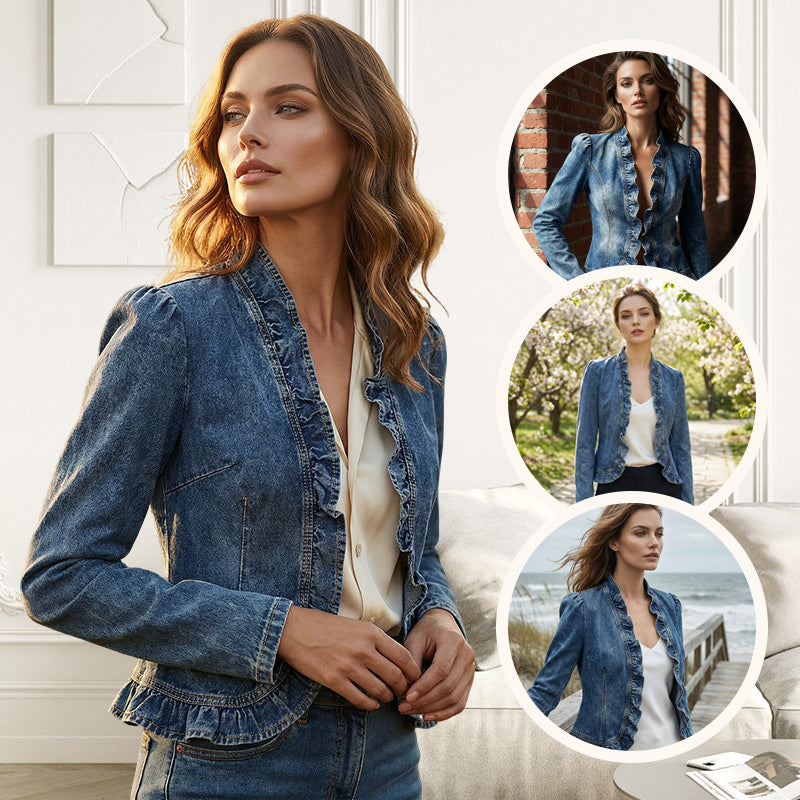 🔥 50% reducere! Jachetă denim cu volane – oferta săptămânii ❤️