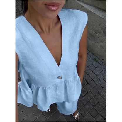 、👚 Set două piese: top fără mâneci, guler în V + pantaloni largi – stil lejer, elegant, perfect pentru vară. 🌸 Plată la livrare!