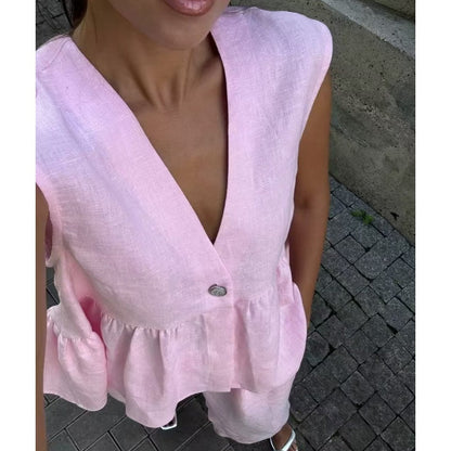 、👚 Set două piese: top fără mâneci, guler în V + pantaloni largi – stil lejer, elegant, perfect pentru vară. 🌸 Plată la livrare!