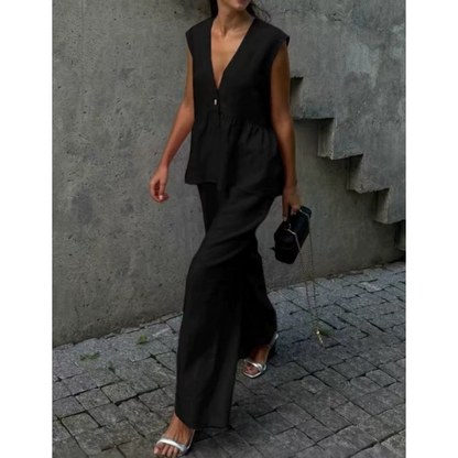 、👚 Set două piese: top fără mâneci, guler în V + pantaloni largi – stil lejer, elegant, perfect pentru vară. 🌸 Plată la livrare!