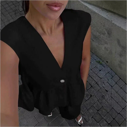 、👚 Set două piese: top fără mâneci, guler în V + pantaloni largi – stil lejer, elegant, perfect pentru vară. 🌸 Plată la livrare!