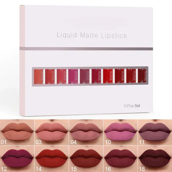 🔥 Set 10 rujuri mate, rezistente la apă – vitamina E, fără urme, culoare de lungă durată! 👄 Plată la livrare!