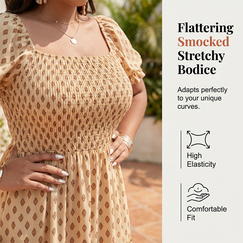 0XL-4XL😍Rochie lungă cu guler pătrat, mâneci bufante și volane💃