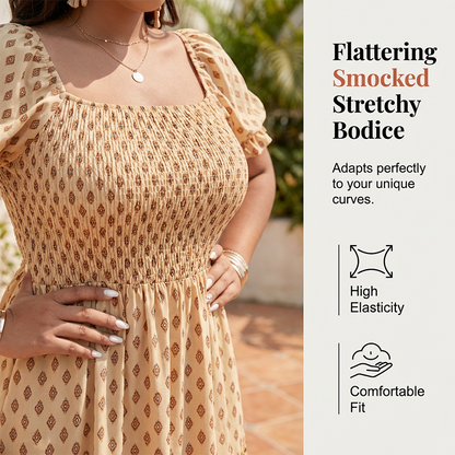 0XL-4XL😍Rochie lungă cu guler pătrat, mâneci bufante și volane💃