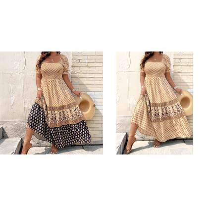 0XL-4XL😍Rochie lungă cu guler pătrat, mâneci bufante și volane💃