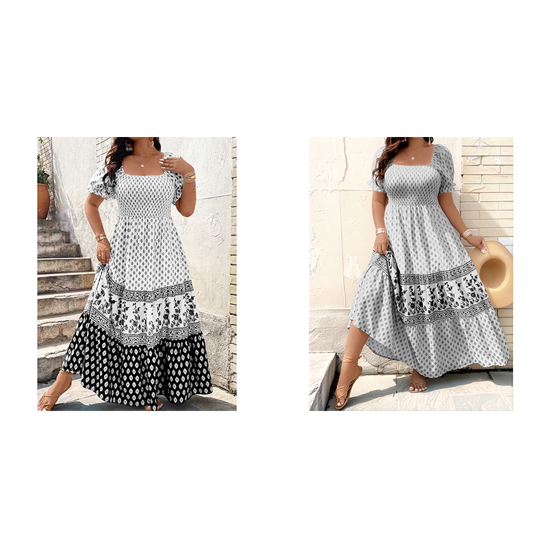 0XL-4XL😍Rochie lungă cu guler pătrat, mâneci bufante și volane💃