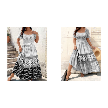 0XL-4XL😍Rochie lungă cu guler pătrat, mâneci bufante și volane💃