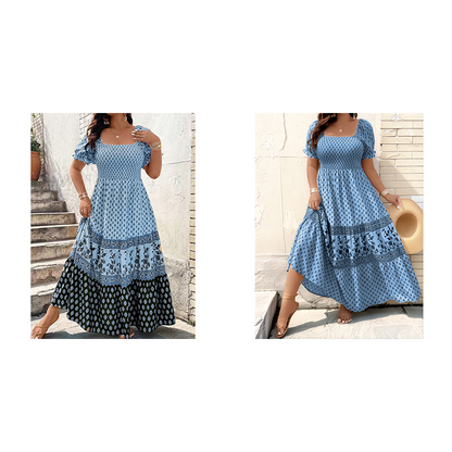 0XL-4XL😍Rochie lungă cu guler pătrat, mâneci bufante și volane💃