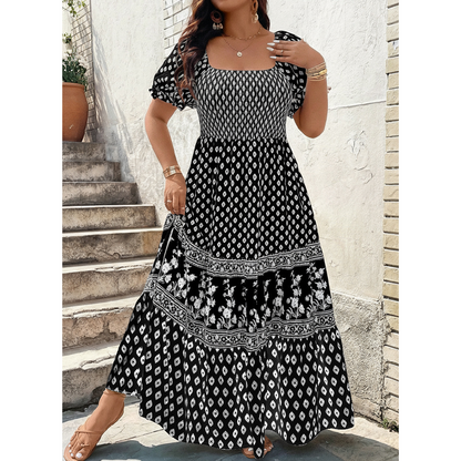 0XL-4XL😍Rochie lungă cu guler pătrat, mâneci bufante și volane💃