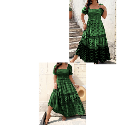 0XL-4XL😍Rochie lungă cu guler pătrat, mâneci bufante și volane💃