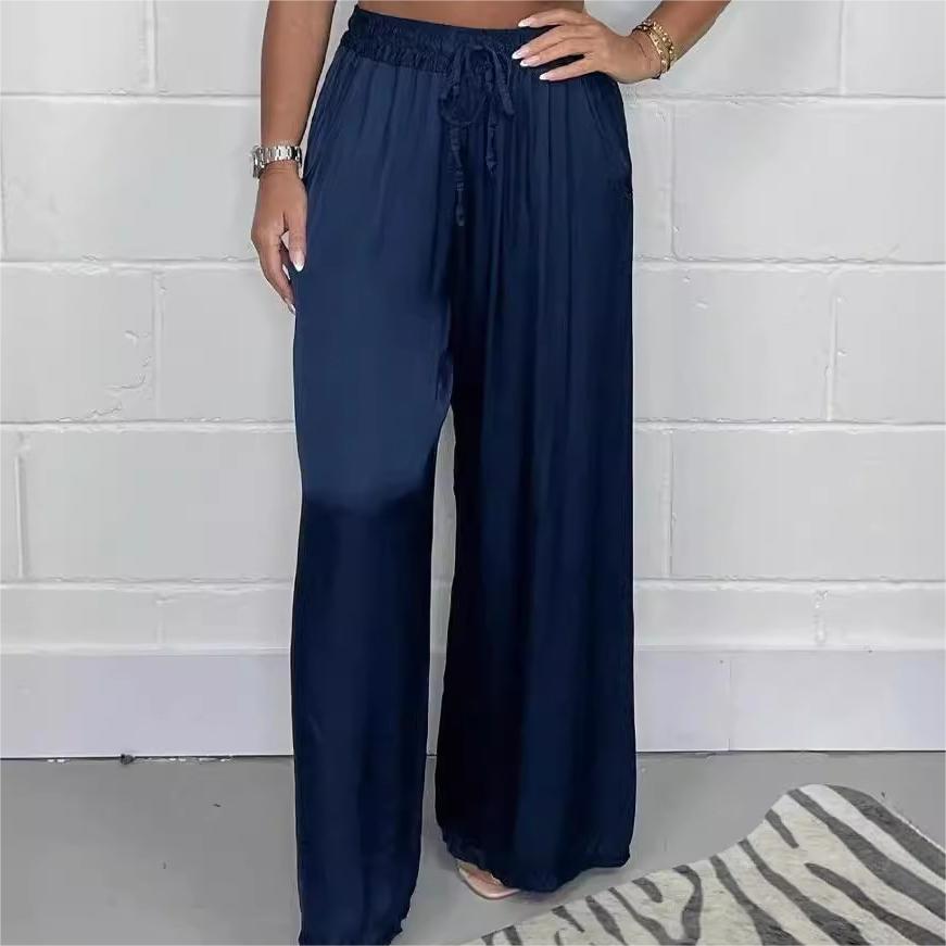 Pantaloni eleganti cu talie reglabilă, picior drept, netezi și largi, cu buzunare