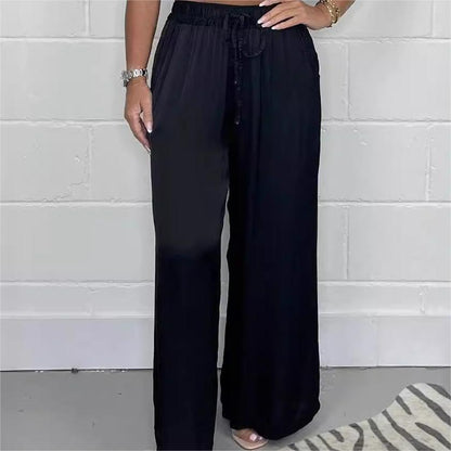 Pantaloni eleganti cu talie reglabilă, picior drept, netezi și largi, cu buzunare