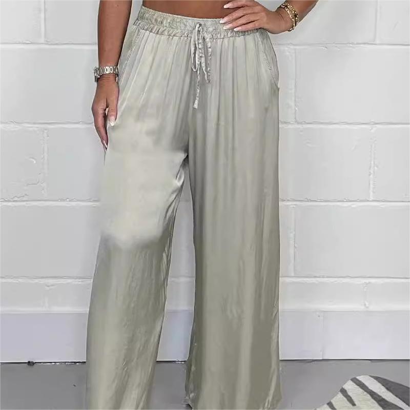 Pantaloni eleganti cu talie reglabilă, picior drept, netezi și largi, cu buzunare