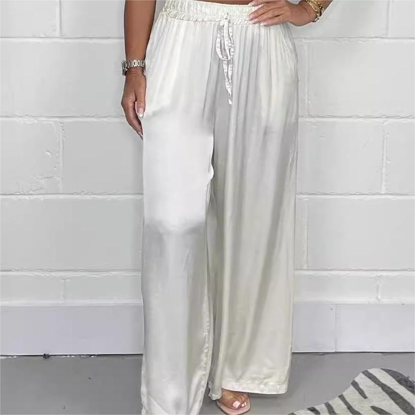 Pantaloni eleganti cu talie reglabilă, picior drept, netezi și largi, cu buzunare