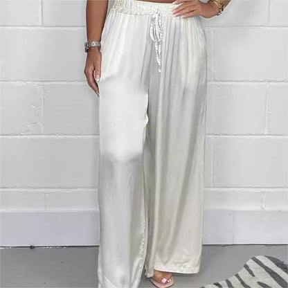 Pantaloni eleganti cu talie reglabilă, picior drept, netezi și largi, cu buzunare